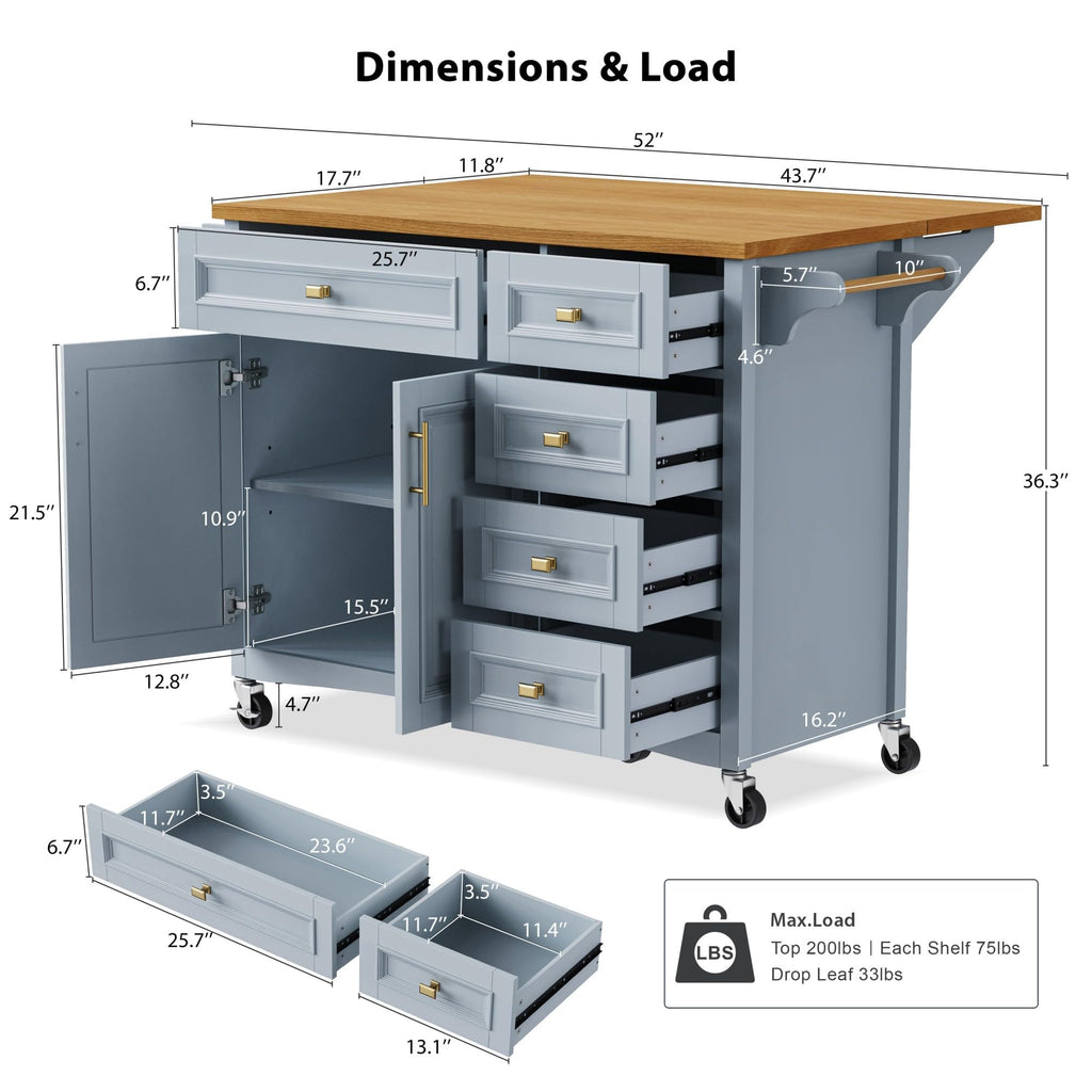 Large Kitchen Island with Rubber Wood Drop Leaf and Silver Handle