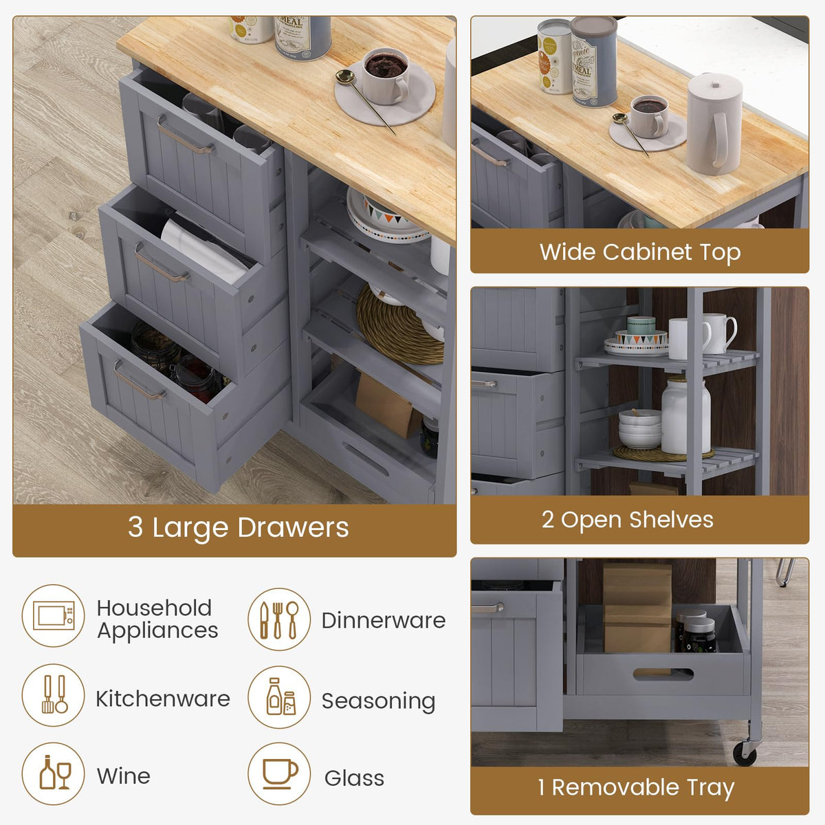 GOFLAME Kitchen Island Cart on Wheels with Storage, Versatile Rolling Cart with Wood Countertop, 3 Drawers, Removable Tray & Lockable Casters, Mobile Serving Trolley for Kitchen, Dining Room, Black