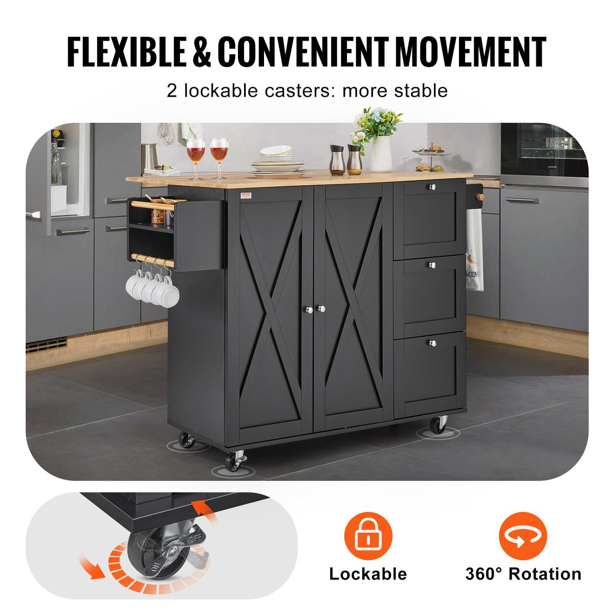 VEVOR Kitchen Island Cart with Storage, 47.64 in Wide Mobile Rolling Storage Island on Swivel Wheels, with 2 Drawers, Storage Cabinet, Drop Leaf, Towel Rack, Table for Home Dining Room, White