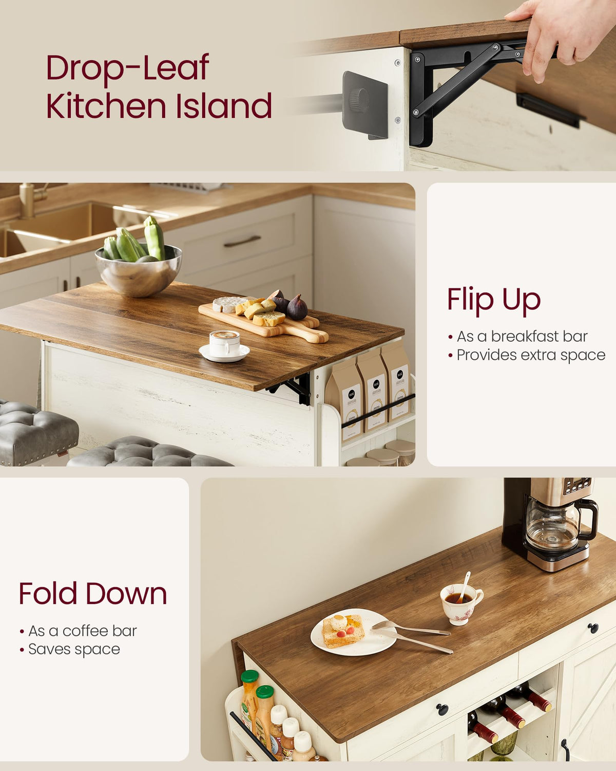 VASAGLE Mobile Kitchen Island with 2 Doors, 2 Drawers