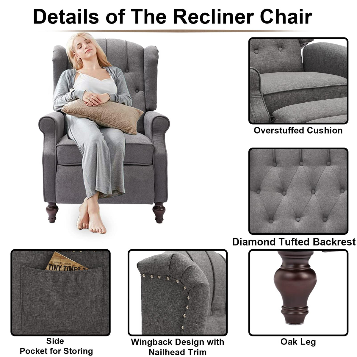 IPKIG Wingback Pushback Recliner Chair - Mid Century Recliner Armchair with Massage and Heat, Rivet Decoration, Button-Tufted Back, Solid Wood Legs for Living Room, Bedroom, Office(Beige)