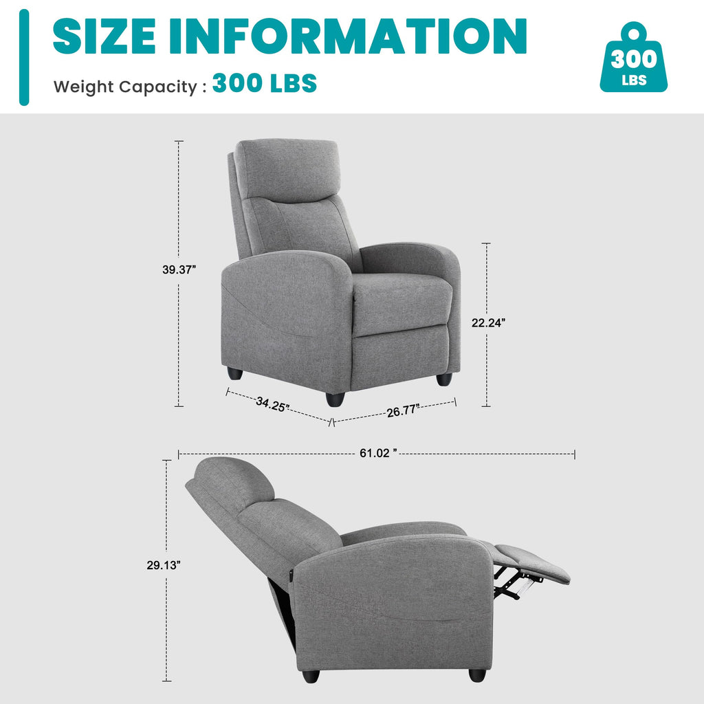 Sweetcrispy Massage Recliner Chair for Adults, Adjustable Home Theater Seating with Lumbar Support for Living Room, Modern Fabric Reclining for Small Space, Grey