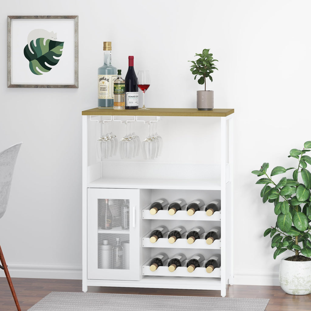 Wine Bar Cabinet, 3-Tier Detachable Wine Rack, Stemware Glass Holder, Mesh Door & Storage Shelves, Liquor Storage Buffet Sideboard for Kitchen, Dining Room, Living Room or Home Bar - Black