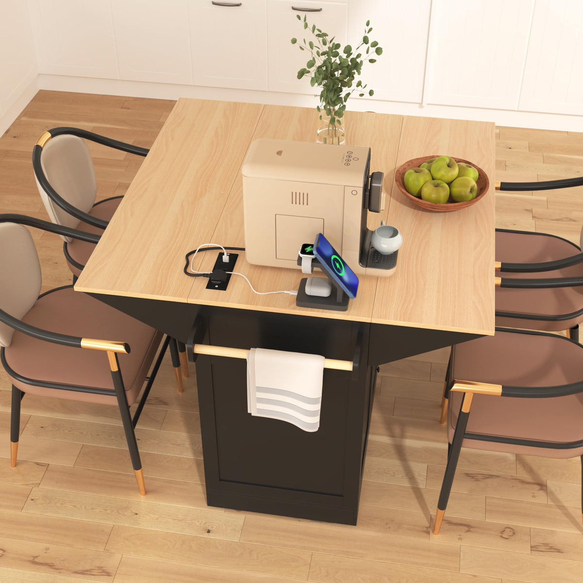 55.7'' Kitchen Island with 2 Drop Leaf for 4-6 Seating, Rolling Kitchen Cart with Power Outlet, 3 Drawers, Spice & Towel Rack, Folding Dining Table for Home Dining Room (Teal)