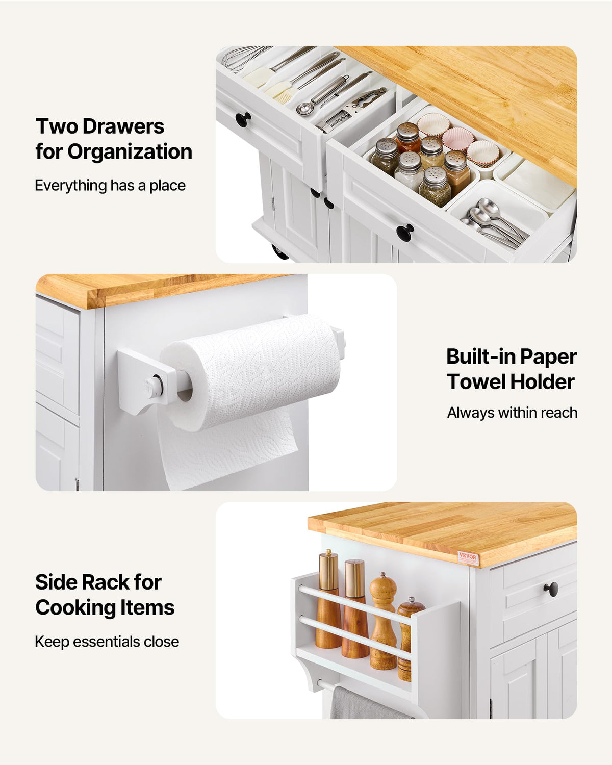 VEVOR Kitchen Island Cart with Storage, 47.64 in Wide Mobile Rolling Storage Island on Swivel Wheels, with 2 Drawers, Storage Cabinet, Drop Leaf, Towel Rack, Table for Home Dining Room, White