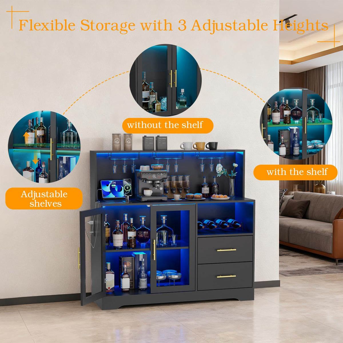 Home Bar Cabinet with Adjustable RGB LED Light, Wine & Coffee Storage with Rack & Drawers, Charging Station, Modern Liquor Cabinet for Living & Dining Room, All-in-One Wine Bar Cabinet (Rustic)