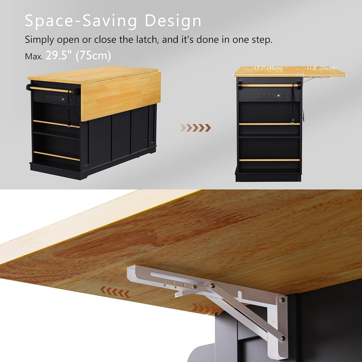 53" Large Kitchen Island with Drop Leaf & Power Outlet, Rolling Kitchen Cart on 5 Wheels with Internal Door Storage Rack, 5 Open Side Racks, 3 Drawers, 2 Doors for Kitchen Dining Room