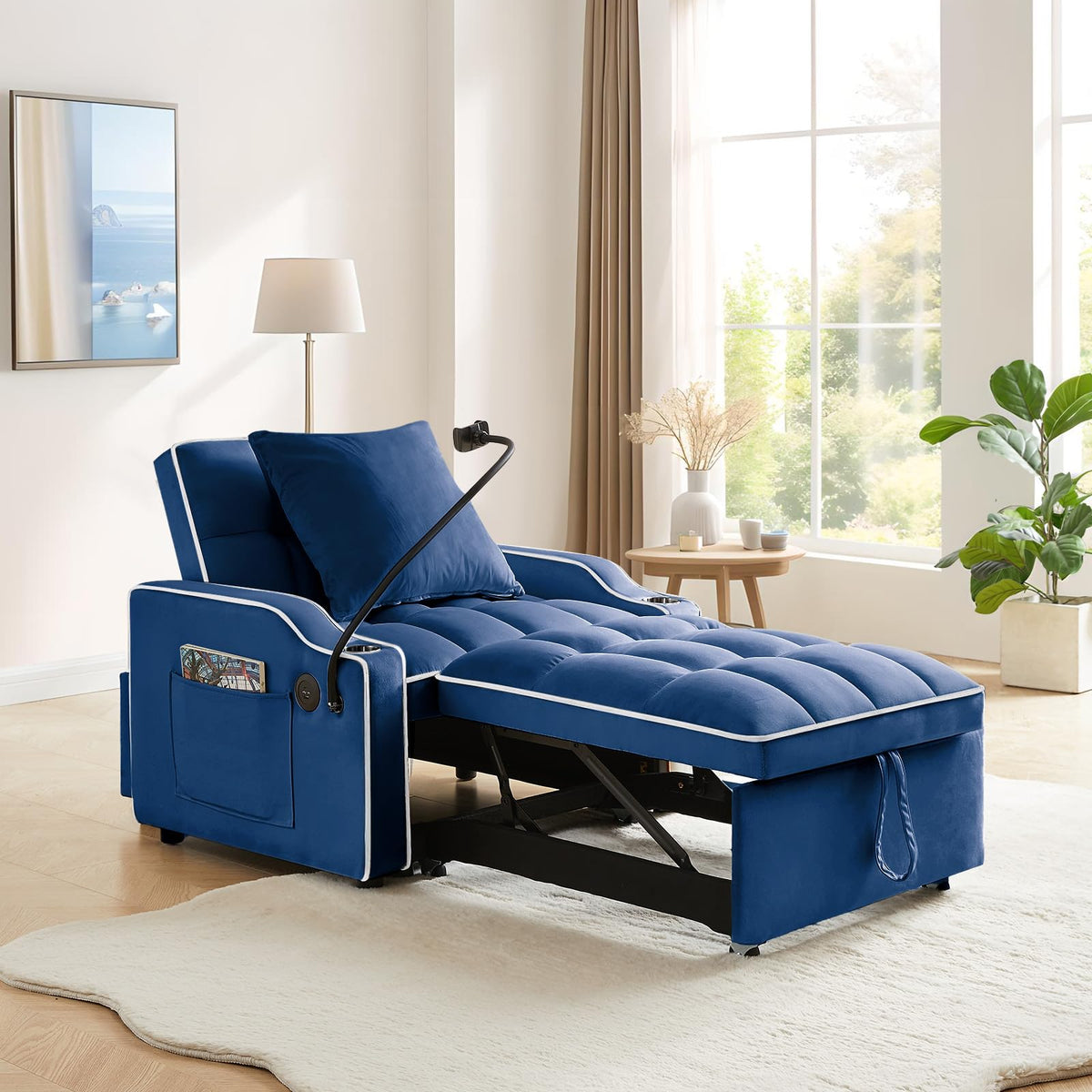 Convertible Single Sleeper Chair Bed,3 in 1 Velvet Futon Sleeper Sofa Bed with Phone Holder&USB Ports,Pull Out Couch Bed,Adjustable Recliner Armchair bed for Living Room,Office,Small Places(Grey)