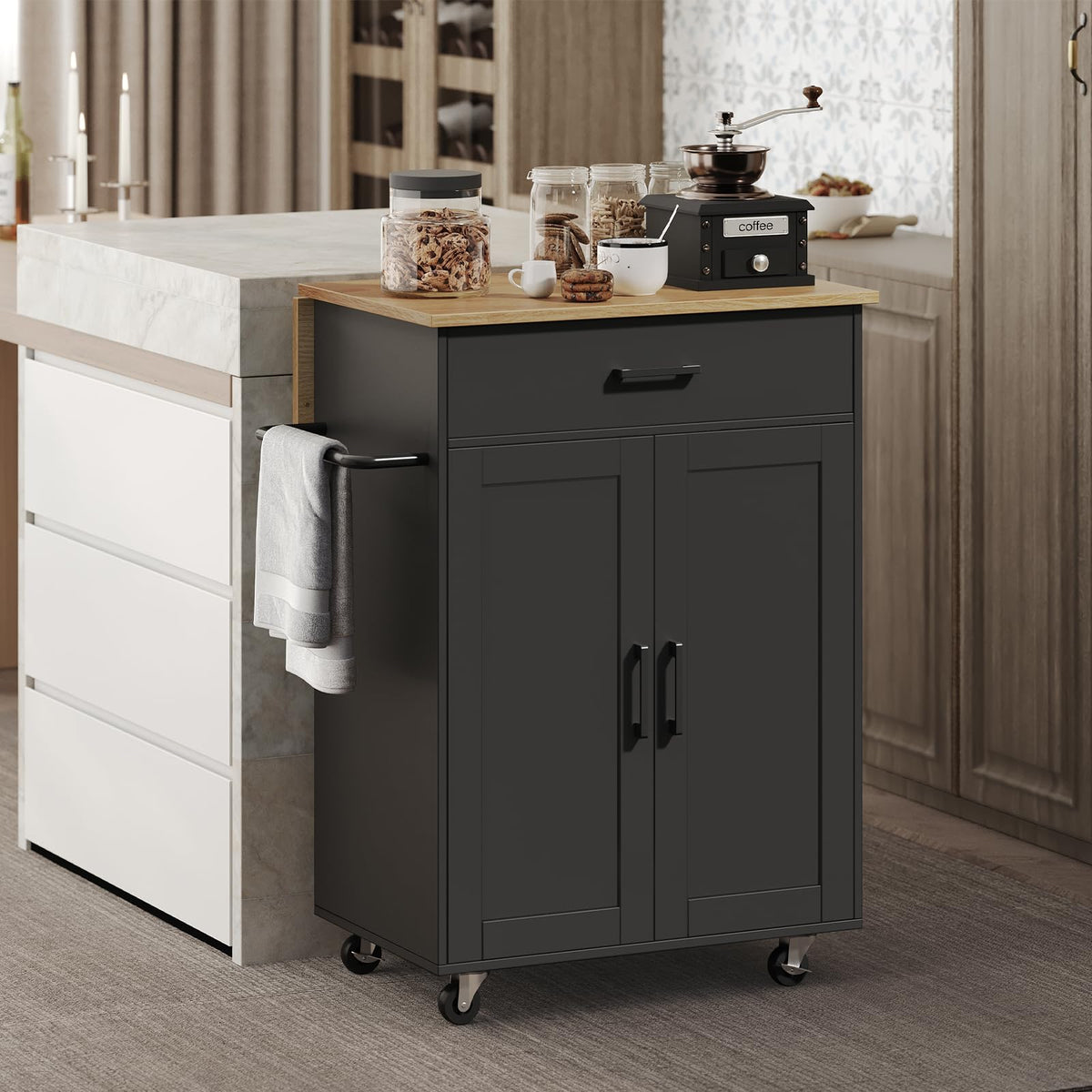 MAHANCRIS Kitchen Island on Wheels with Drop Leaf, Folding Countertop Kitchen Island Cart, Kitchen Island Table with Towel Rack, Drawer, for Kitchen, Dining Room, White and Walnut KIBZ12501