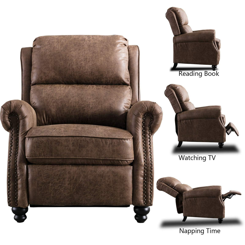 CANMOV Pushback Recliner Chair Faux Leather Armchair Push Back Recliner with Rivet Decoration Single Sofa Accent Chair for Living Room, Chocolate