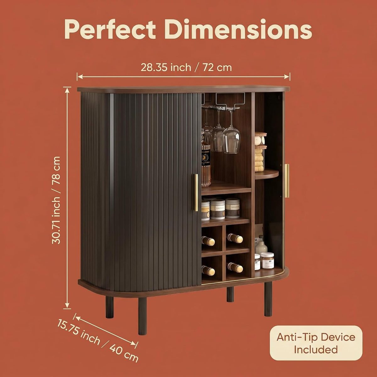 28 Inch Fluted Wine Bar Cabinet with Storage, Coffee Bar Cabinet with Sliding Tambour Doors, 8-Grid Wine Rack, Glass Holders, Adjustable Shelves, Sideboard Buffet Cabinet(Black)
