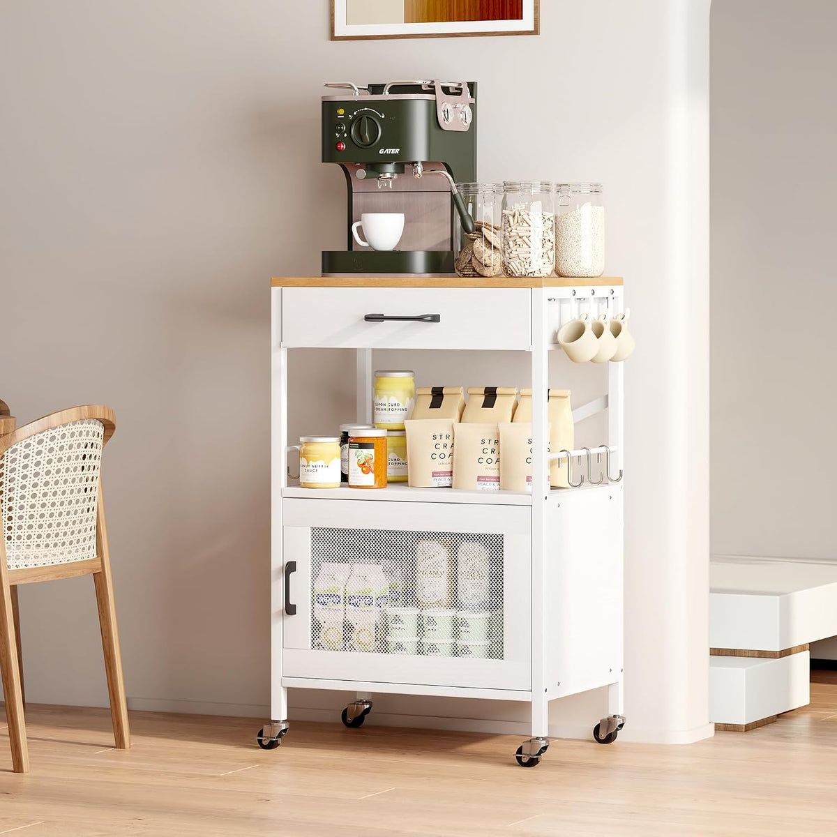 Homeiju Kitchen Island Cart, Kitchen Storage Cart with Drawer, Microwaves Stand, Coffee Cart, Rolling Kitchen Cabinet Cart with Hooks for Kitchen, Dining Room, White