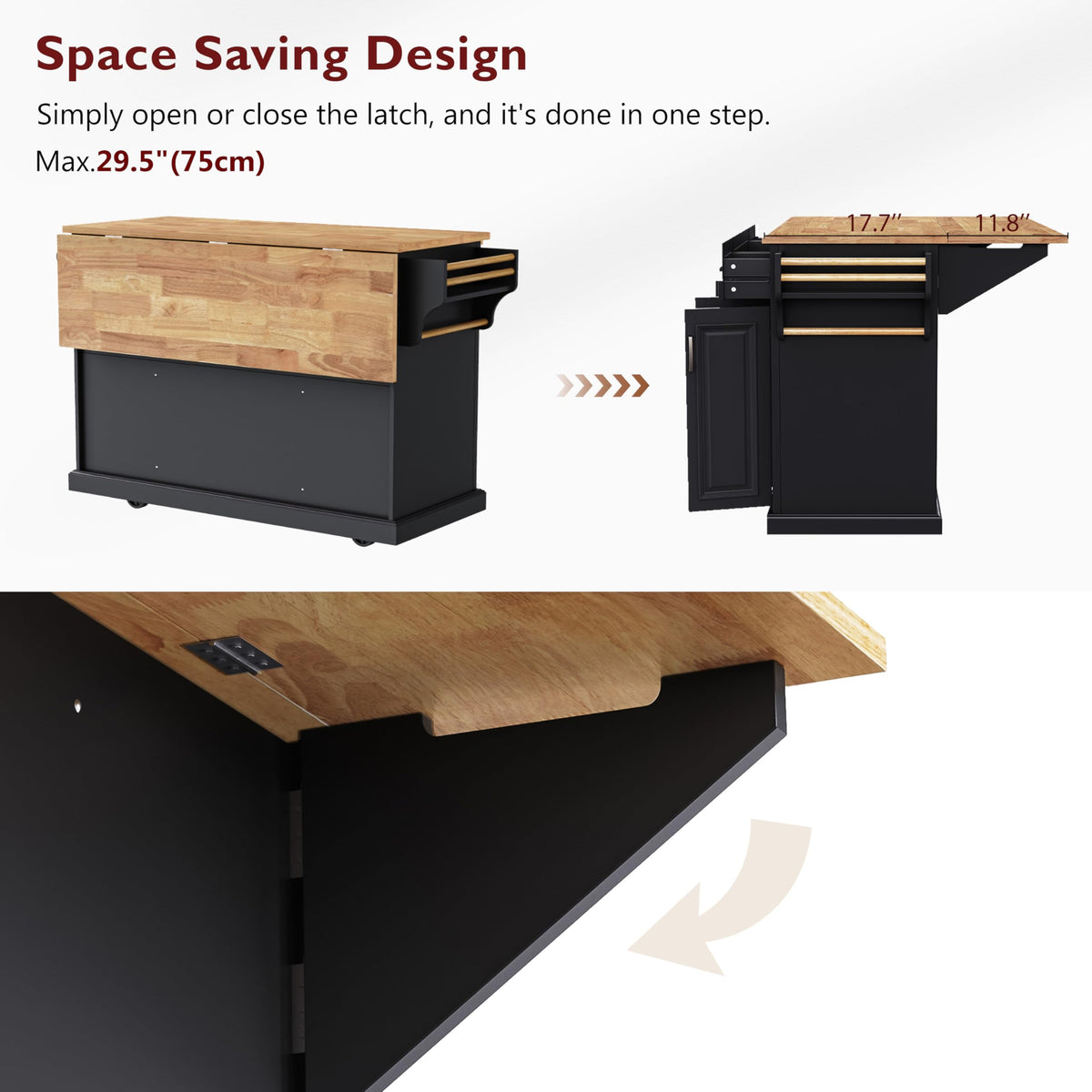 Large Kitchen Island with Rubber Wood Drop Leaf and Silver Handle