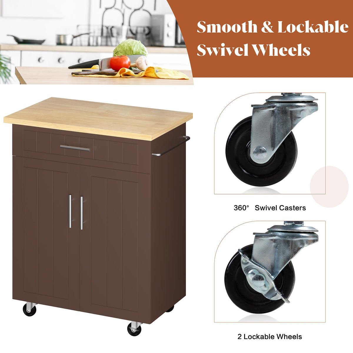 JY QAQA 26" Rolling Kitchen Island Cart on Wheels, Mobile Storage Cabinet with Adjustable Inner Shelves, Kitchen Prep Cart with Towel Rack & Lockable Casters for Small Apartment Kitchen, White