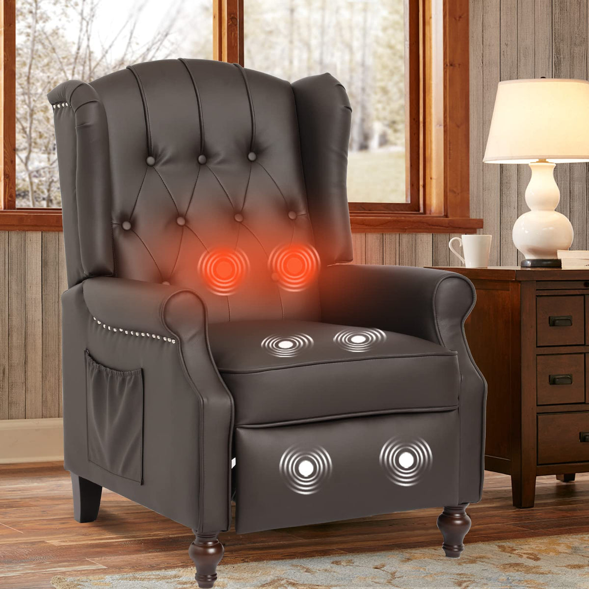 IPKIG Wingback Pushback Recliner Chair - Mid Century Recliner Armchair with Massage and Heat, Rivet Decoration, Button-Tufted Back, Solid Wood Legs for Living Room, Bedroom, Office(Beige)