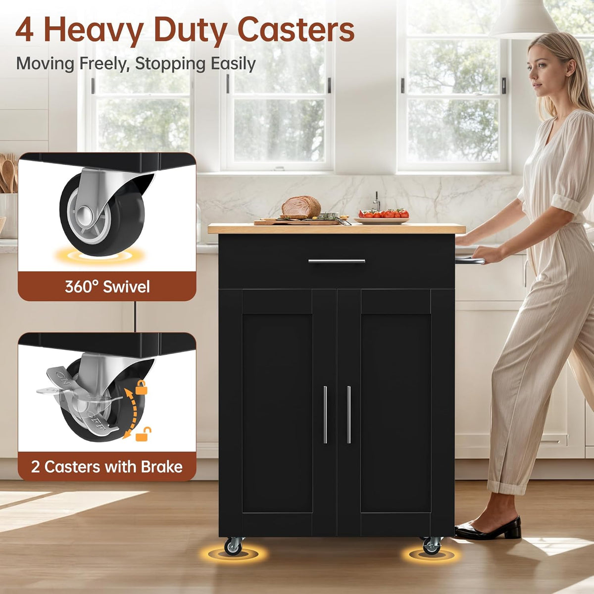 OtterOasis Mobile Kitchen Island on Wheels, Large Drawer, Black