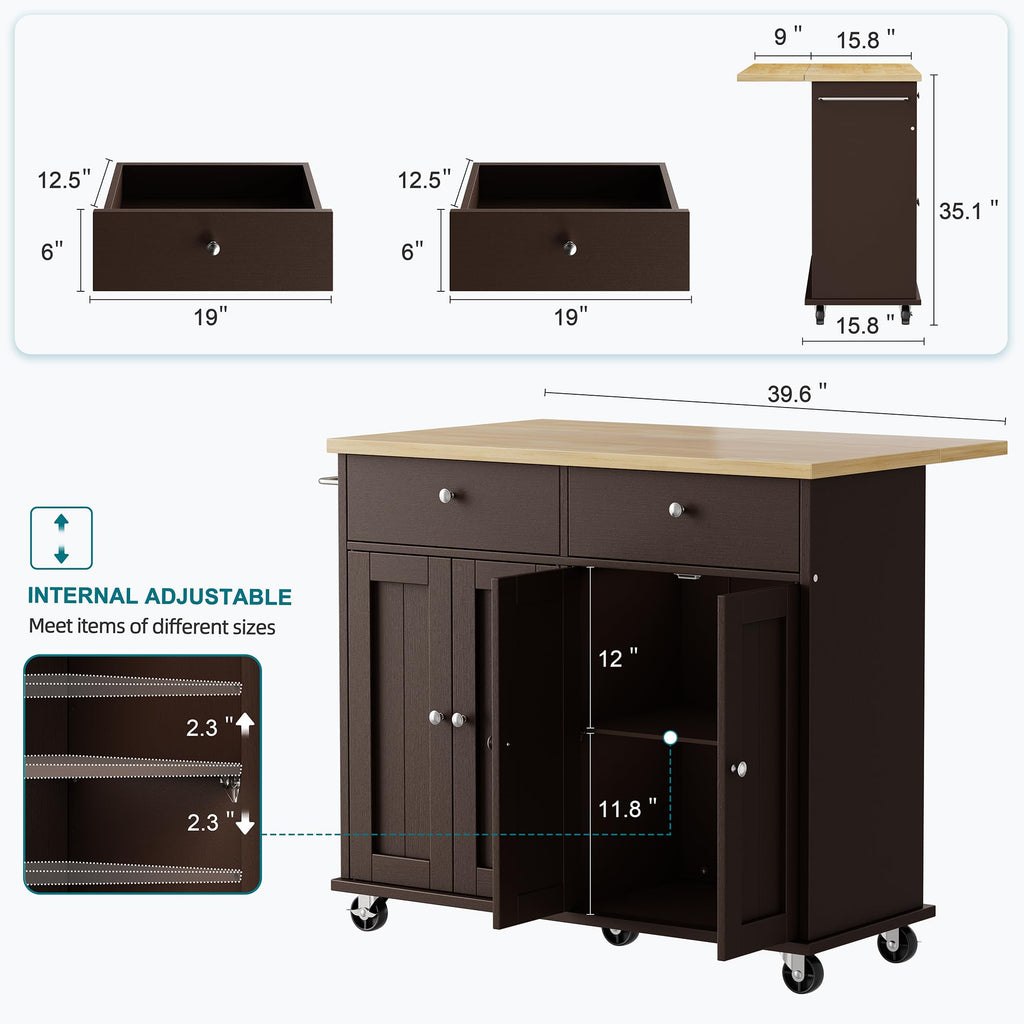Shintenchi Kitchen Island with Drop Leaf, Rolling Kitchen Cart with Storage on Wheels, Table Bar Cart for Kitchen with Towel Rack & Seating Area for Dining Room, White