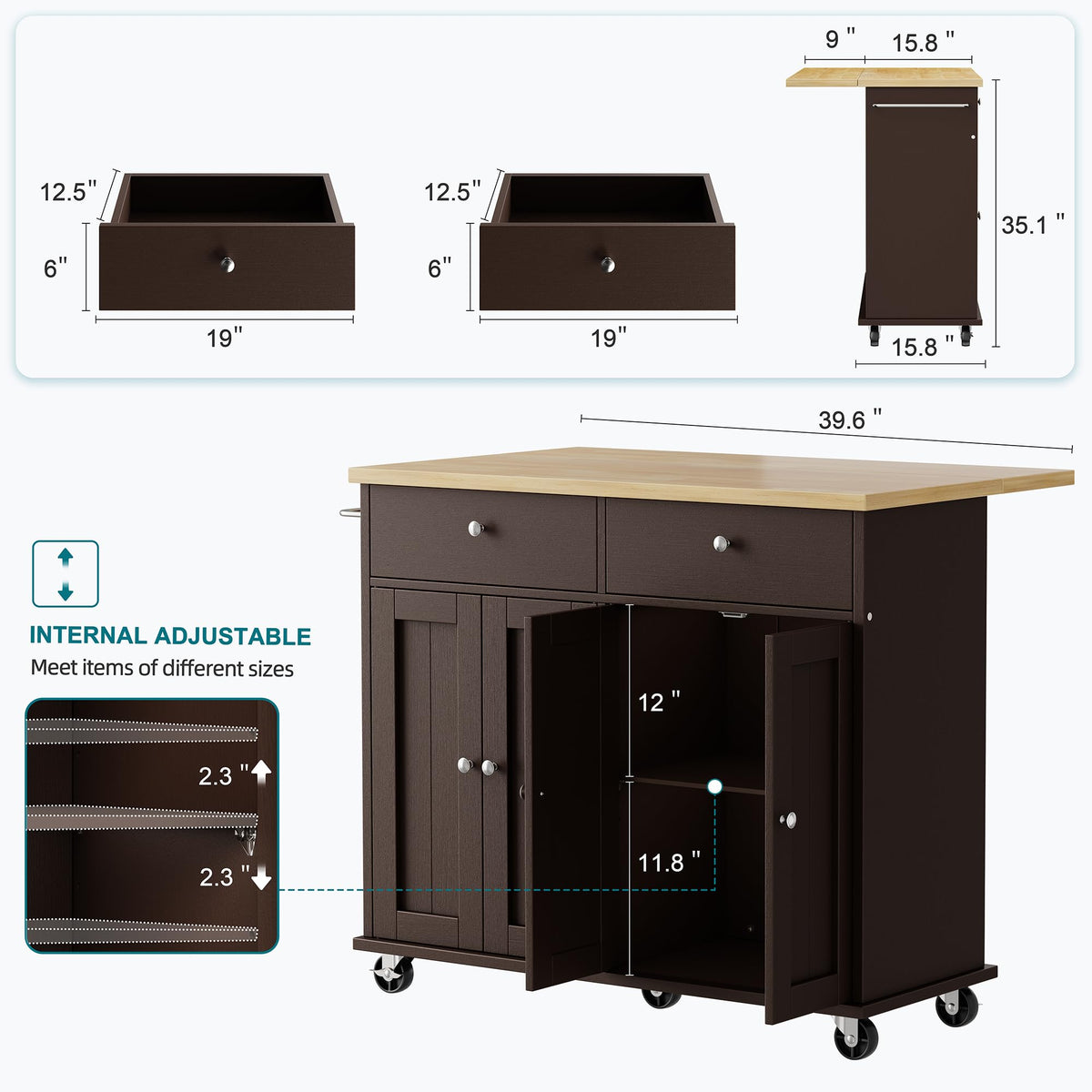 Shintenchi Kitchen Island with Drop Leaf, Rolling Kitchen Cart with Storage on Wheels, Table Bar Cart for Kitchen with Towel Rack & Seating Area for Dining Room, White