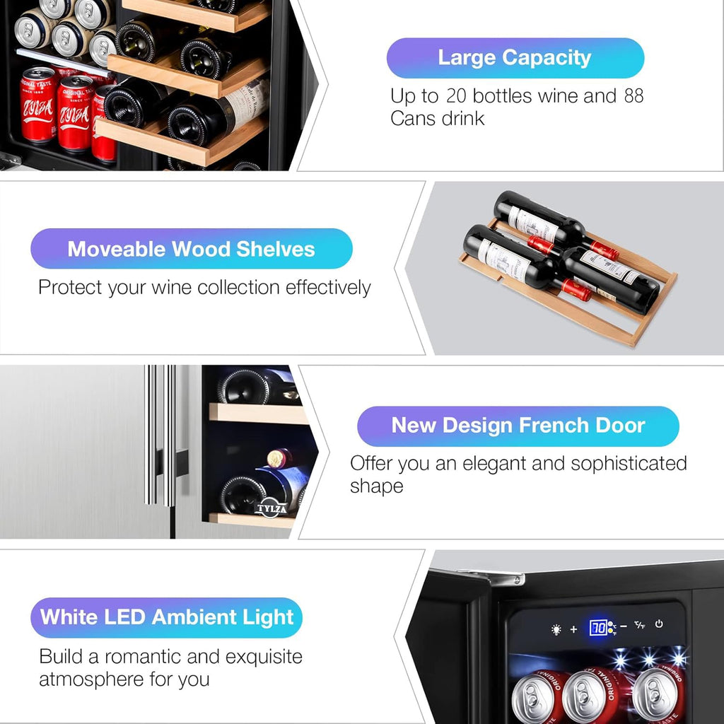 Tylza Wine Fridge 15'', 30 Bottles Wine Cooler Refrigerator, Undercounter or Freestanding, Removable Shelves, 40-65Â°F, Wine Cabinet with Double Glass Door, Wine Cooler for Home, Kitchen, Bar