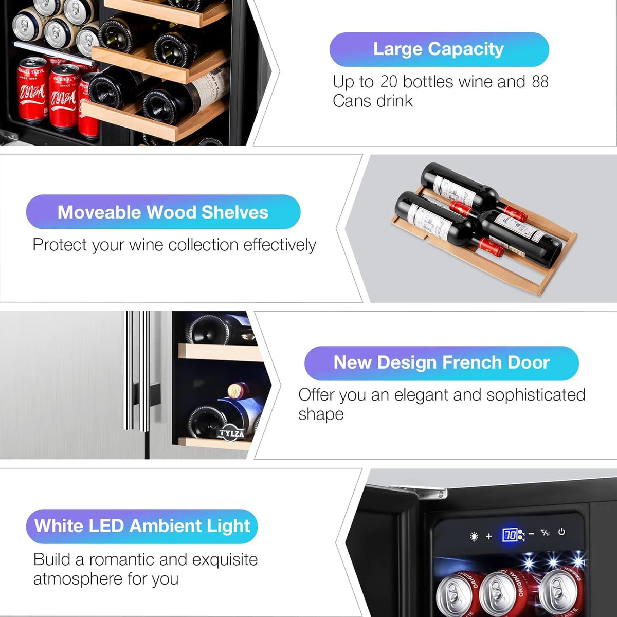 Tylza Wine Fridge 15'', 30 Bottles Wine Cooler Refrigerator, Undercounter or Freestanding, Removable Shelves, 40-65Â°F, Wine Cabinet with Double Glass Door, Wine Cooler for Home, Kitchen, Bar