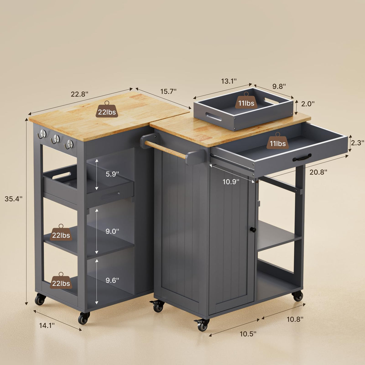 Gizoon Kitchen Island Cart with Storage Cabinet & Removable Tray
