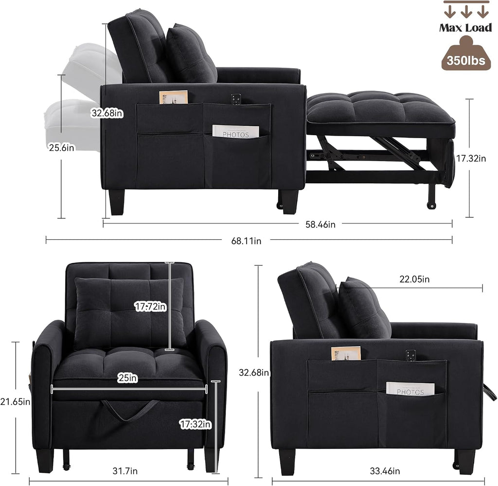 Convertible Sleeper Chair, 3 in 1 Sleeper Chair Bed Pull Out Sofa Bed Chairs, Single Sofa with Adjustable Backrest for Adults Reading Living Room, Bedroom, Black