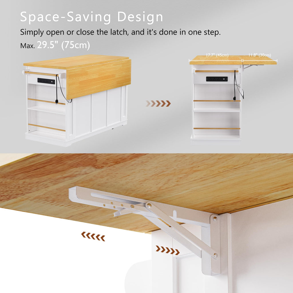 53" Large Kitchen Island with Drop Leaf & Power Outlet, Rolling Kitchen Cart on 5 Wheels with Internal Door Storage Rack, 5 Open Side Racks, 3 Drawers, 2 Doors for Kitchen Dining Room
