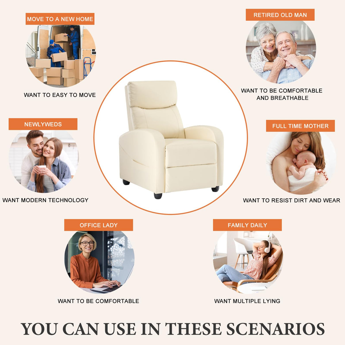OLIXIS Recliner Chair, Reclining Sofa Chair with 3 Adjustable Angles