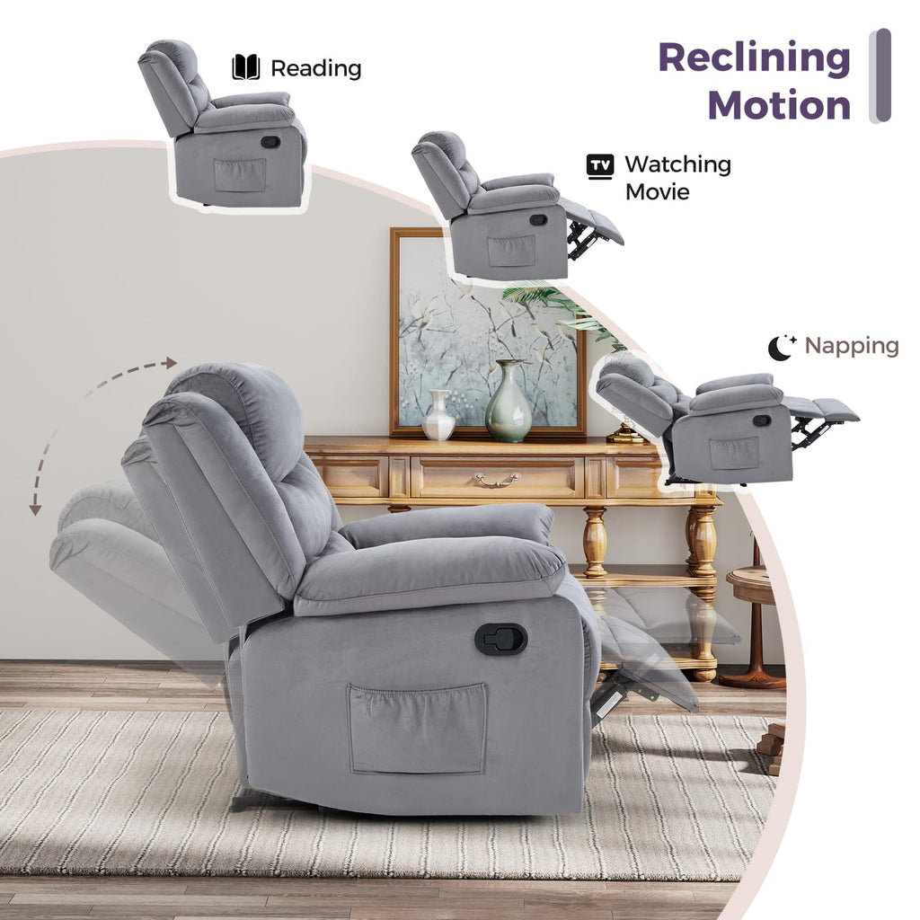 ANJ Manual Recliner Chair for Adults, Velvet Reclining Chair with Padded Arms and Overstuffed Backrest, Single Recliner Sofa for Living Room, Dark Brown