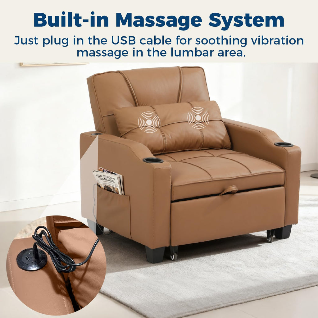 Sleeper Chair Pull Out Bed, 4 in 1 Convertible Sofa Chair Bed with Vibration Massage Lumbar Pillow, Single Sofa Recliner with USB/Type-C Port, Cup Holders and Side Pocket for Small Spaces (Black)
