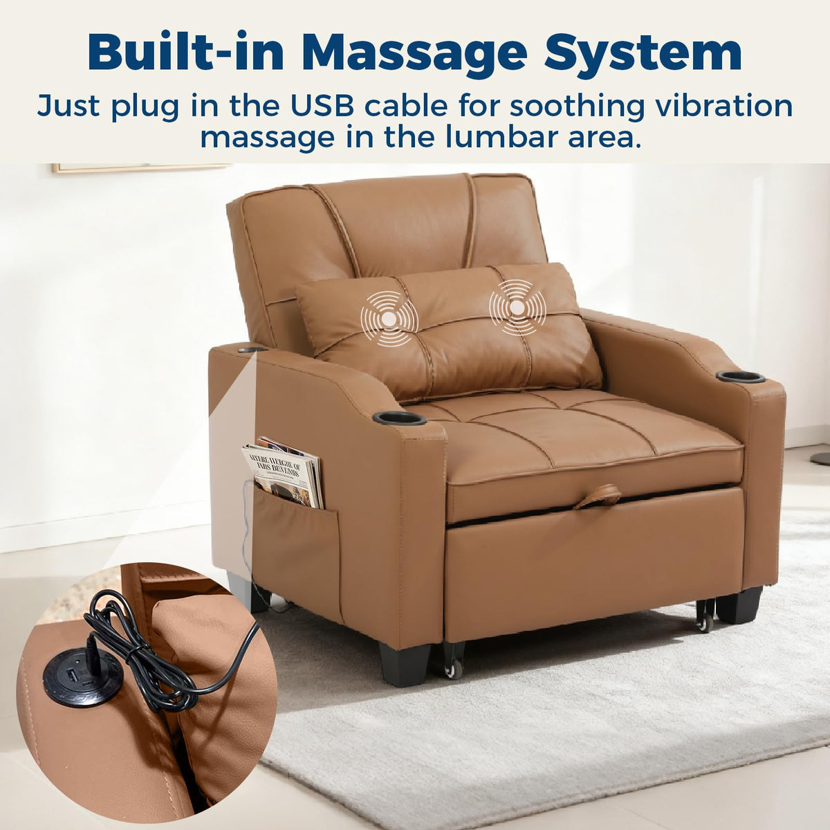 Sleeper Chair Pull Out Bed, 4 in 1 Convertible Sofa Chair Bed with Vibration Massage Lumbar Pillow, Single Sofa Recliner with USB/Type-C Port, Cup Holders and Side Pocket for Small Spaces (Black)