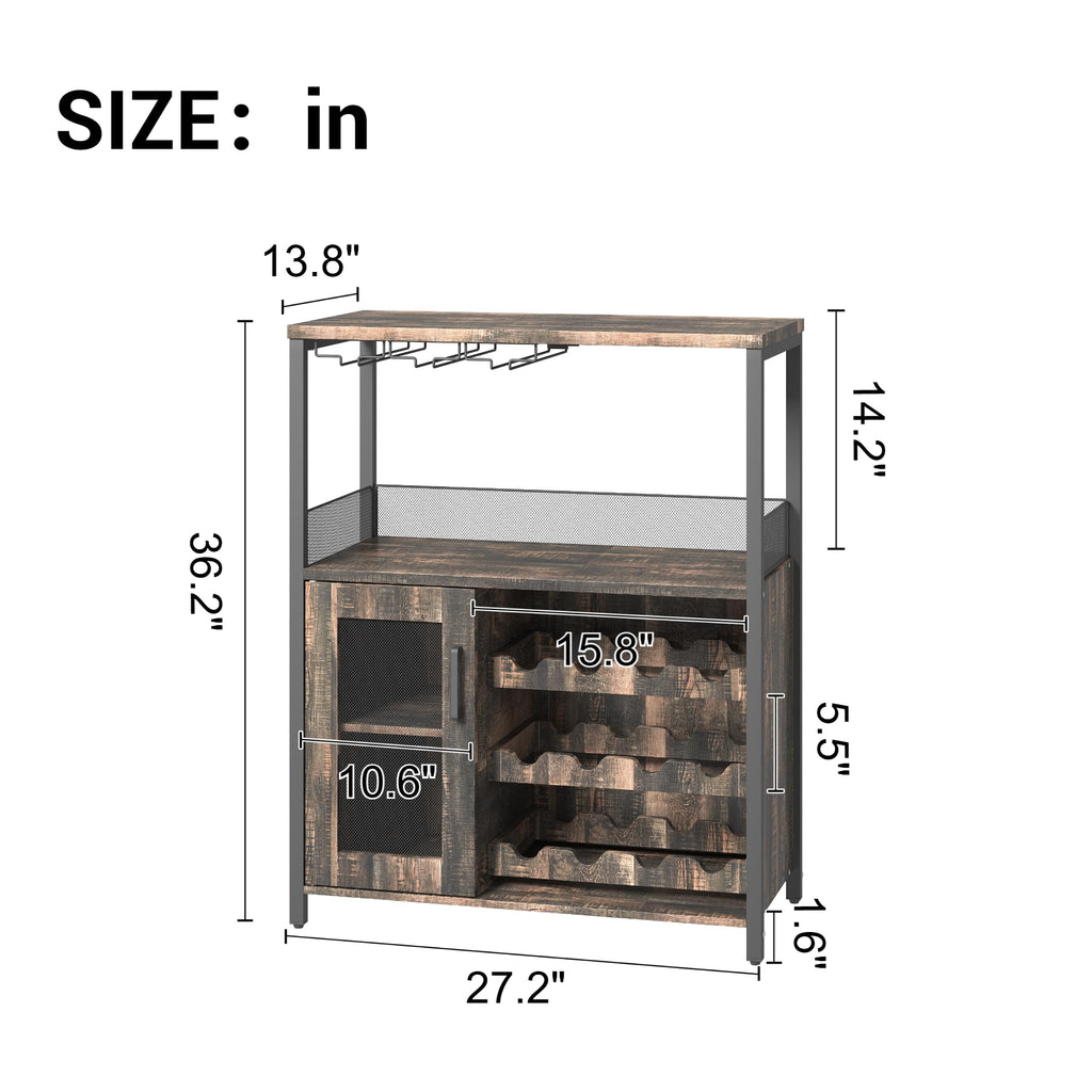 3-Tier Wine Bar Cabinet with Removable Wine Rack, Liquor Storage Cabinet with Glass Holder & Mesh Door, Coffee Bar Sideboard Buffet for Living Room or Dining Room, Gray