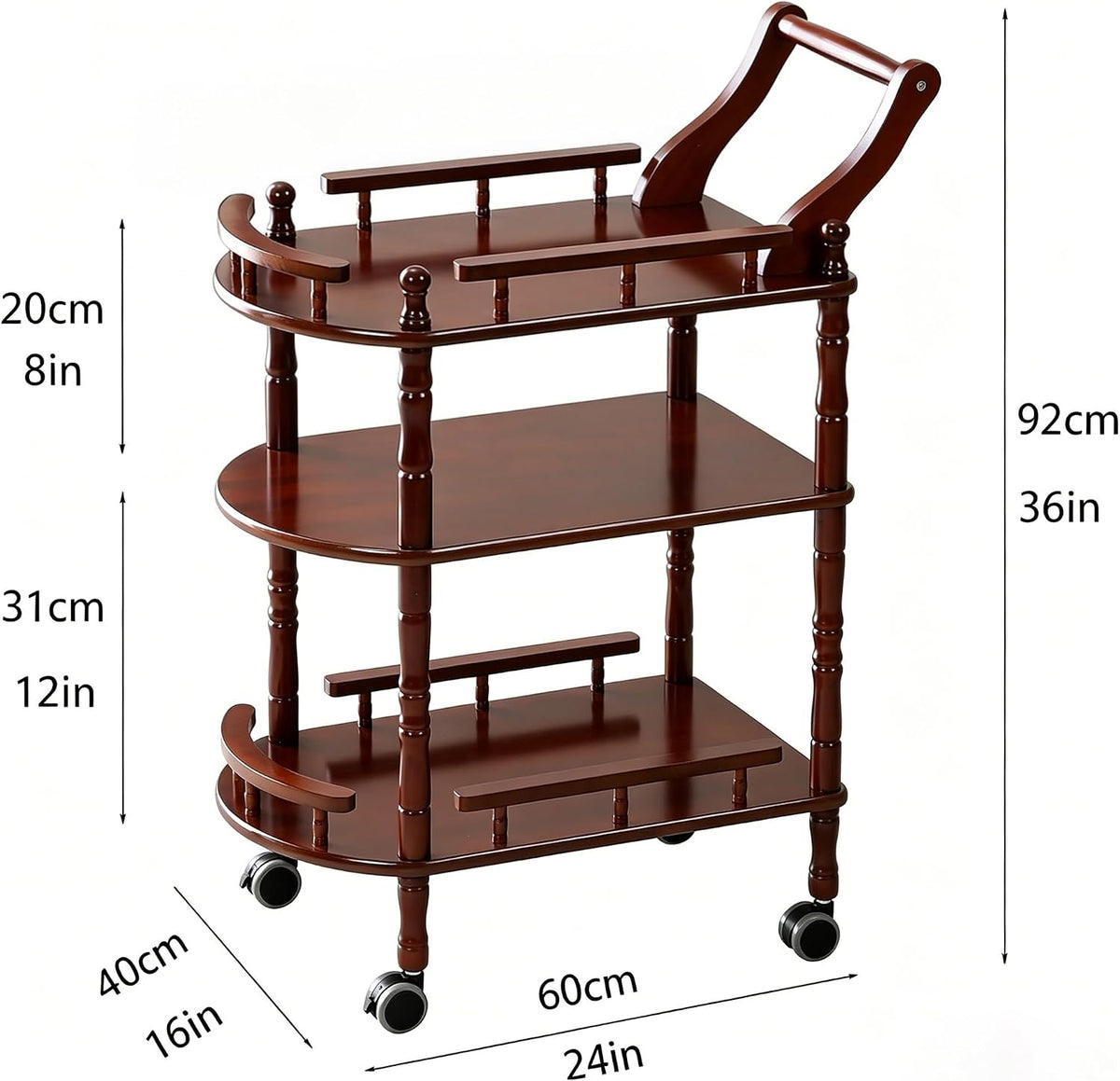 Entertainment Kitchen Cart, Midcentury Modern Imported rubberwood Brown Finished Wood 3-Tier Mobile Bar Cart Serving Cart