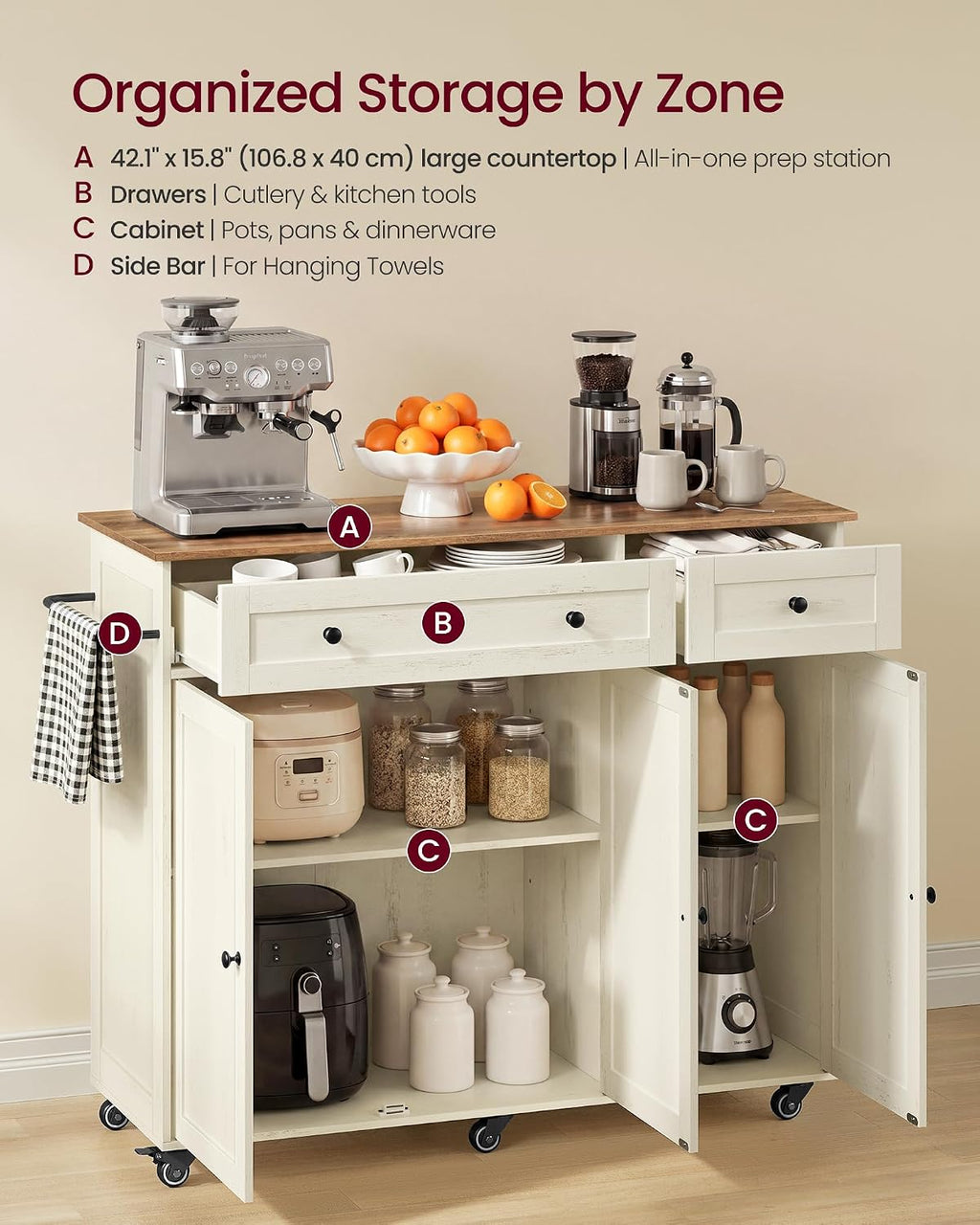 VASAGLE Mobile Kitchen Wooden Island Cart with Storage for Dining Room
