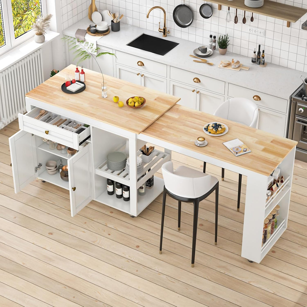 81.5" Kitchen Island with Extendable Dining Table, Rolling Kitchen Cart on Wheels with Spice Rack, Drawer and Door Cabinet for Dining Room, White