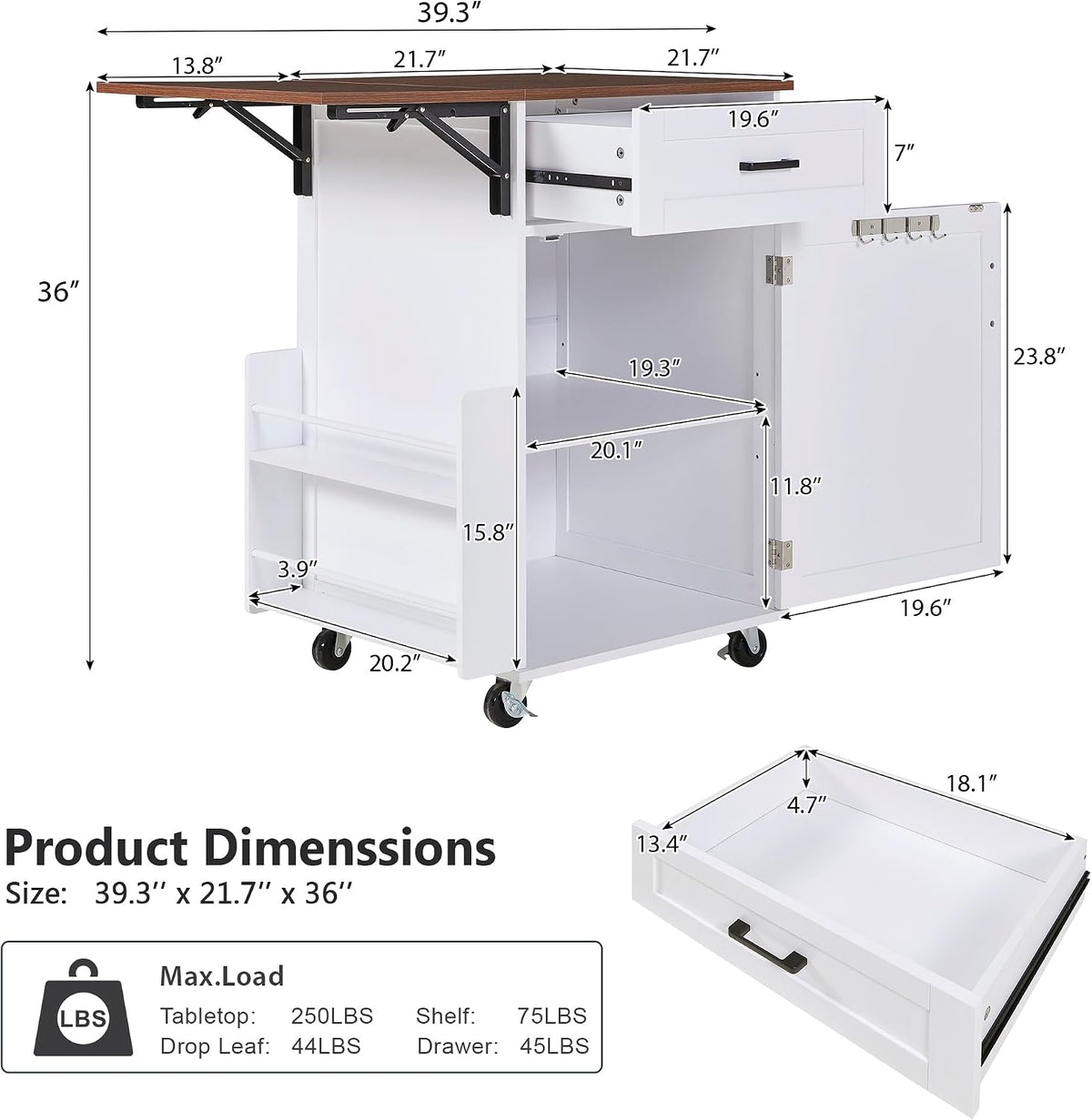 39.3"Farmhouse Kitchen Island with Open Side Rack and Drop Leaf and,Small Kitchen Rolling Cart with Drawer and Storage Cabinet, Narrow Mobile Dining Table with Lockable Wheels and Towel Rack White