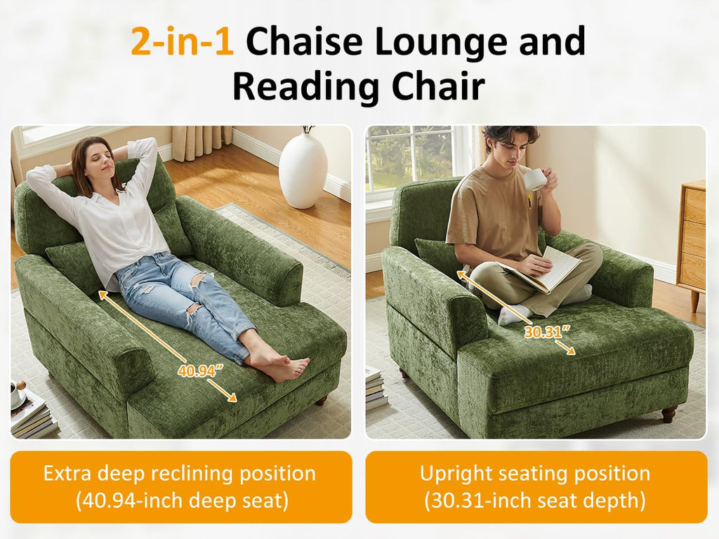 Oversized Chaise Lounge Chair with Adjustable Backrest, Polyester White