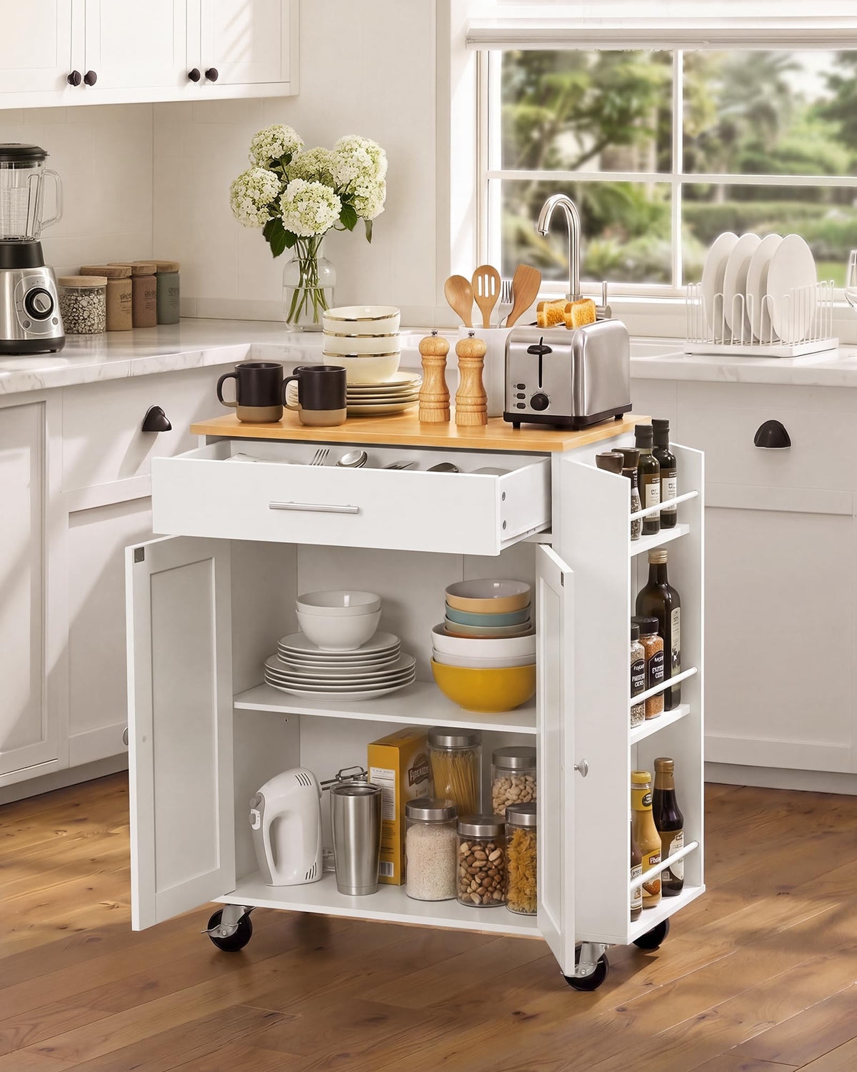 VEVOR Kitchen Island Cart with Storage, 47.64 in Wide Mobile Rolling Storage Island on Swivel Wheels, with 2 Drawers, Storage Cabinet, Drop Leaf, Towel Rack, Table for Home Dining Room, White