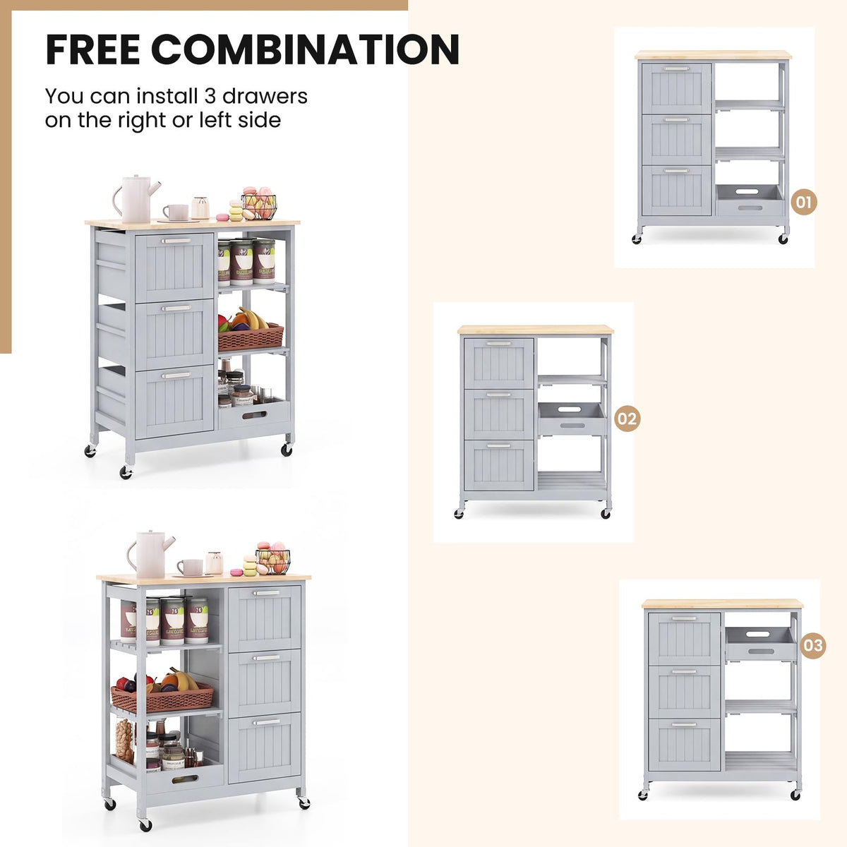 GIANTEX Kitchen Island Cart on Wheels, Rolling Utility Cart w/Rubber Wood Top, 3 Storage Drawers & 2 Removable Shelves & Removable Tray, Lockable Casters, Serving Cart for Dining Room, Bar, White