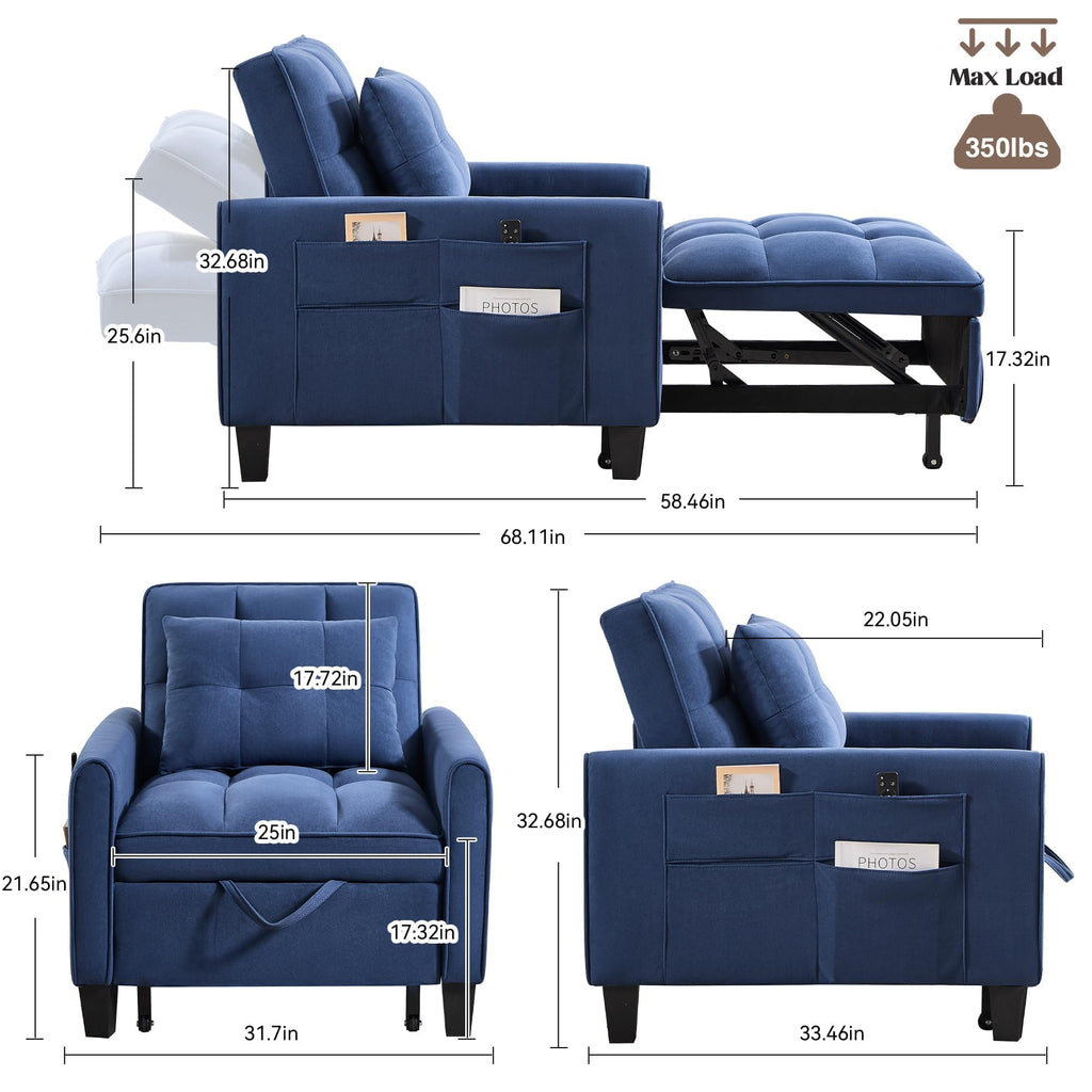 Convertible Sleeper Chair, 3 in 1 Sleeper Chair Bed Pull Out Sofa Bed Chairs, Single Sofa with Adjustable Backrest for Adults Reading Living Room, Bedroom, Black
