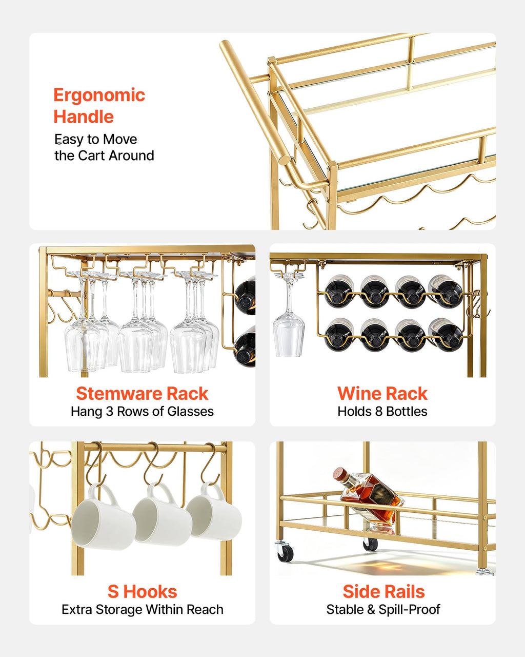 VEVOR Bar Cart, 3 Tiers Home Kitchen Serving Carts, Modern Rolling Utility Station on Wheels, Drink Beverage Trolley with Tempered Glass Shelves, Wine Rack, Glass Holder, for Living Dining Room, Gold