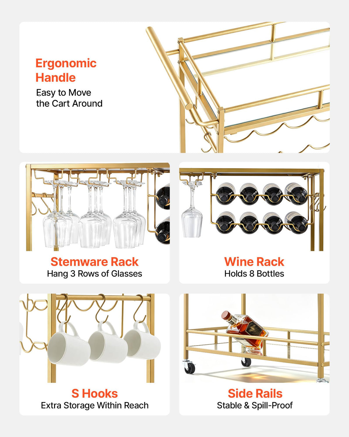 VEVOR Bar Cart, 3 Tiers Home Kitchen Serving Carts, Modern Rolling Utility Station on Wheels, Drink Beverage Trolley with Tempered Glass Shelves, Wine Rack, Glass Holder, for Living Dining Room, Gold