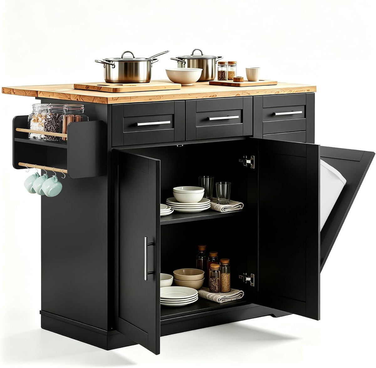 Dripex 42'' Kitchen Island on Wheels, Power Outlet & Trash Cabinet