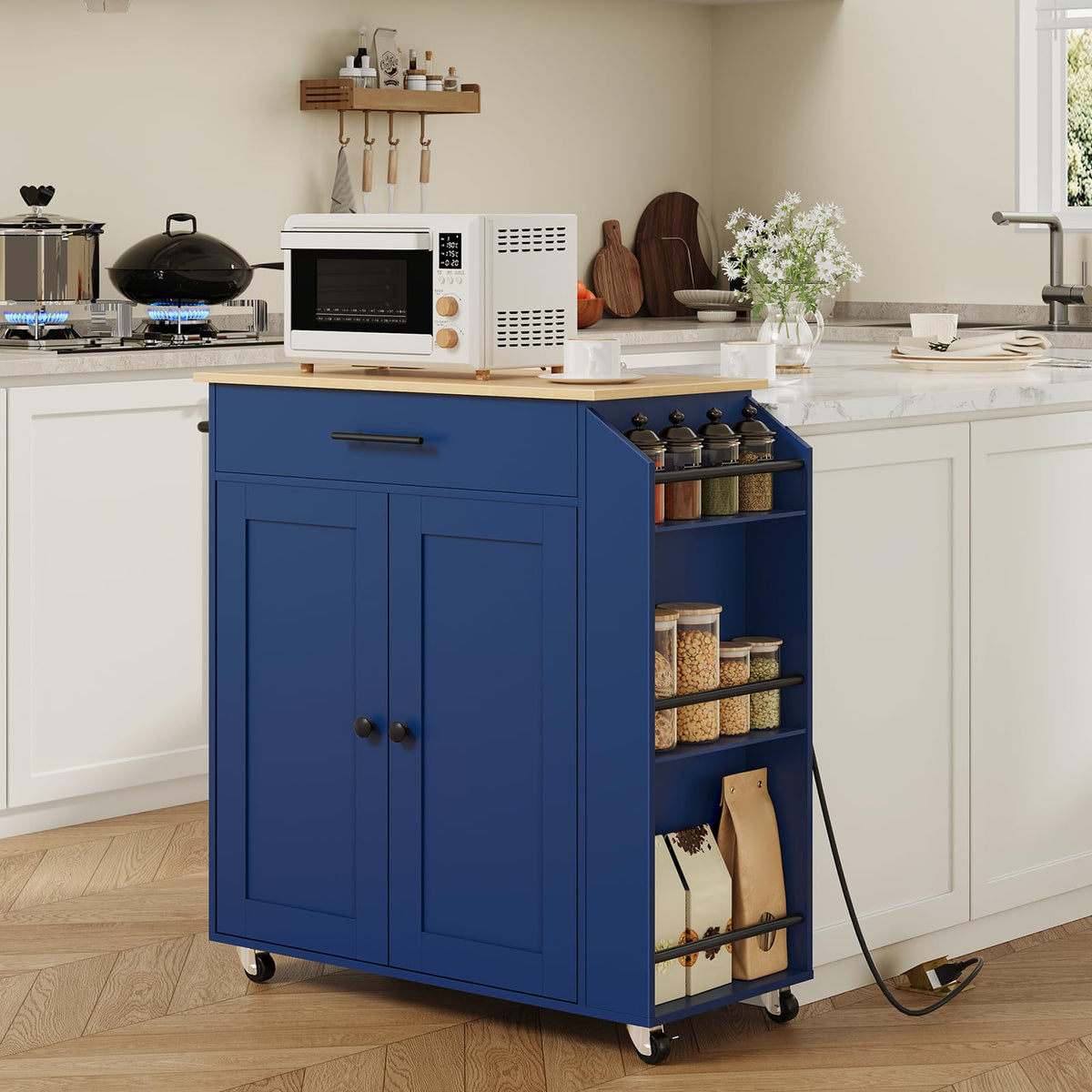 HOOBRO Kitchen Island with Power Outlet, Storage Island with Spice Rack and Drawer, Rolling Kitchen Cart on Wheels, for Home, Dining Room, Rustic Brown and Black