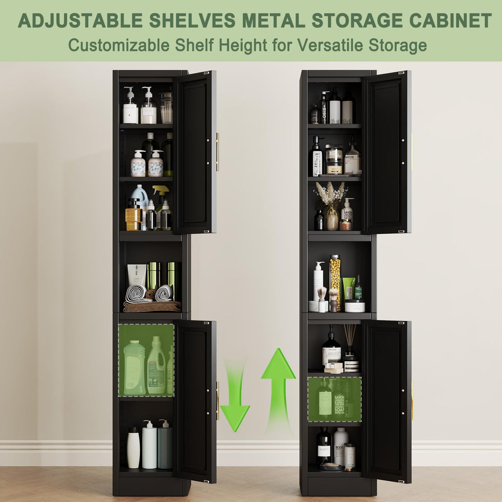 67" Tall Metal Pantry Cabinet, Narrow Freestanding Storage Cabinet, Black