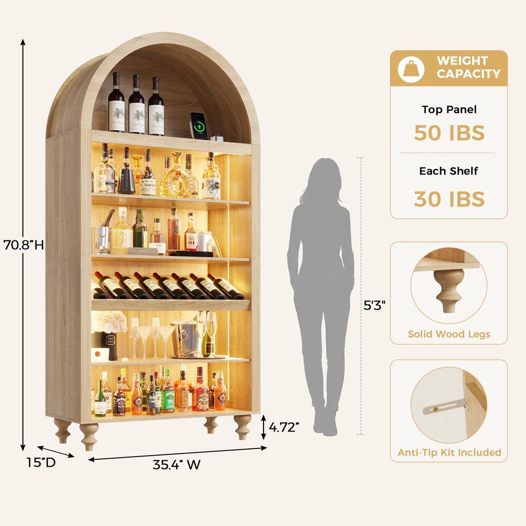 71" Tall Arched Wine Bar Cabinet with Wine Racks & Glass Holder, Wide Liquor Cabinets with LED Lights & Charing Ports, Kitchen Pantry Cupboard, Coffee Bar Storage Cabinet for Home, Dining Room (Oak)