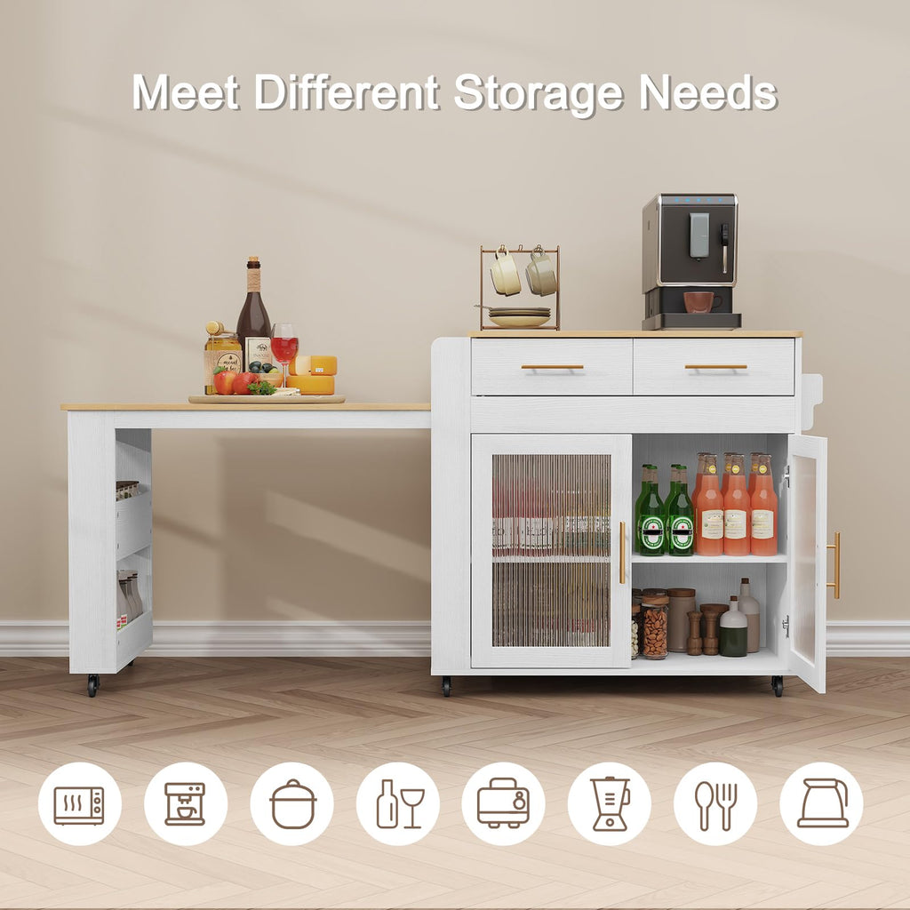 HLR 72" Extendable Rolling Kitchen Island with Storage, Island Table on Wheels with Marble Grain Countertop & Power Outlet, Portable Island Cart with Cabinets, Drawers and Shelves, Wood