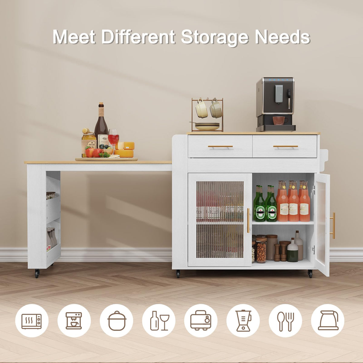 HLR 72" Extendable Rolling Kitchen Island with Storage, Island Table on Wheels with Marble Grain Countertop & Power Outlet, Portable Island Cart with Cabinets, Drawers and Shelves, Wood