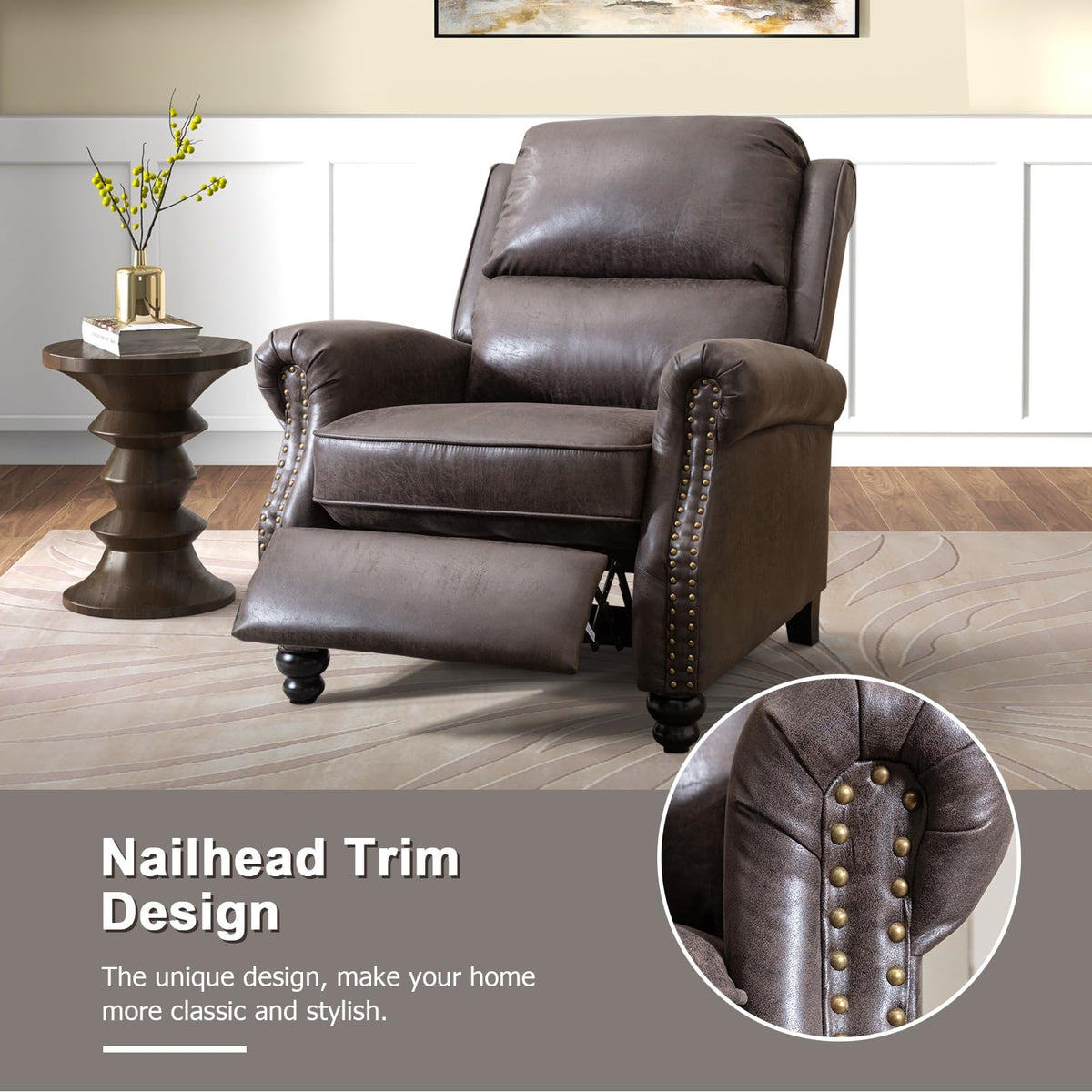 CANMOV Pushback Recliner Chair Faux Leather Armchair Push Back Recliner with Rivet Decoration Single Sofa Accent Chair for Living Room, Chocolate