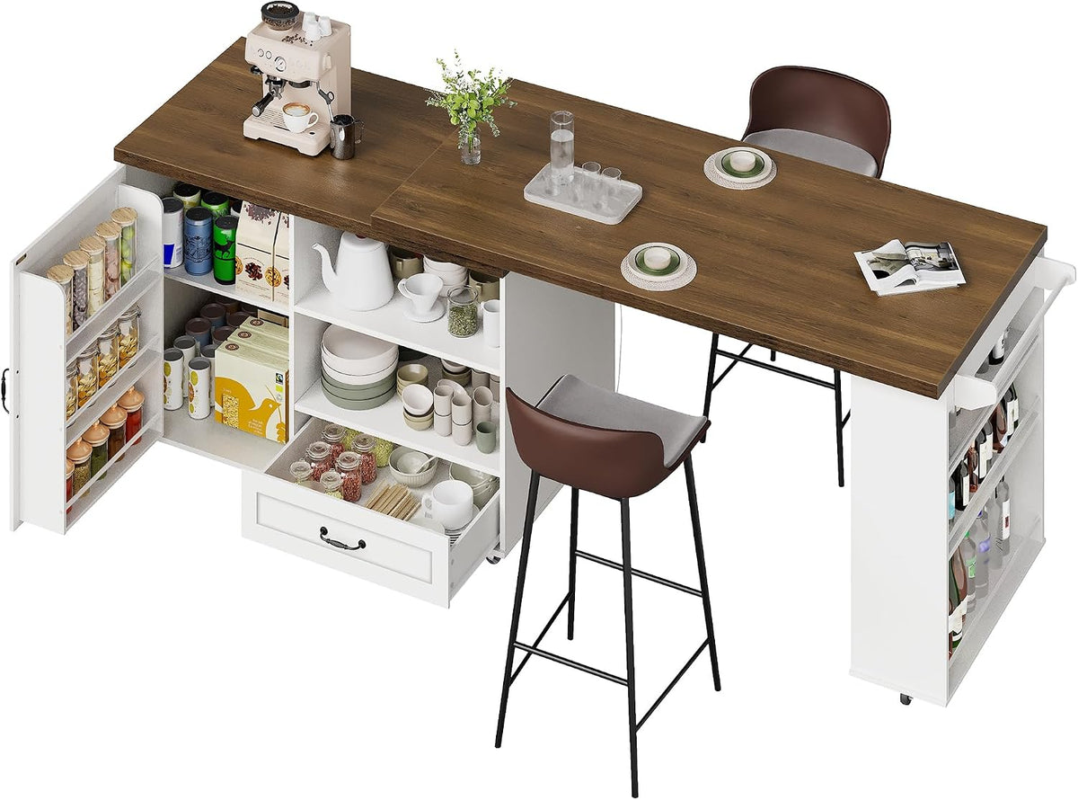 RALGEND Rolling Kitchen Island with 360Â° Swivel Tabletop, Large Kitchen Island Table with Power Outlet, Mobile Kitchen Island Cart with Storage Cabinets for Kitchen & Office, White and Walnut